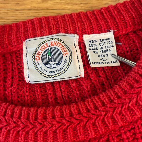 Vintage 90s Red Cable Knit Cape Isle Knitters Cotton-Ramie Sweater - Men's Large - Picture 3 of 3